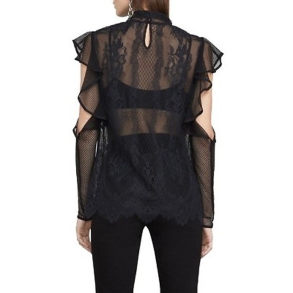 BCBGMaxAzria Sabian Black Lace‎ Ruffle Cold Shoulder Mock Neck Blouse Top XXS - Picture 4 of 12